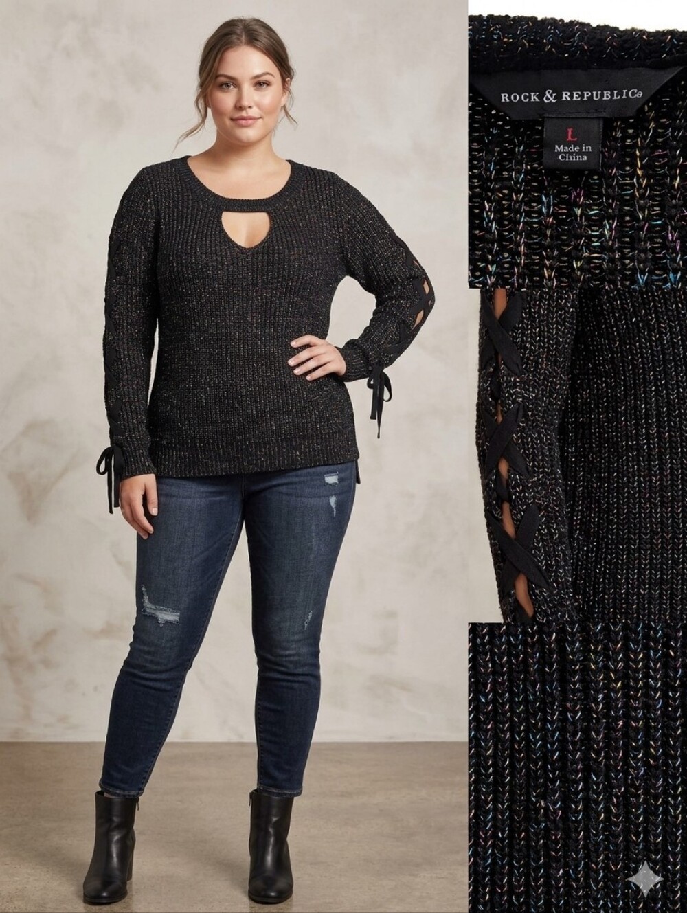 Rock & Republic Black Rainbow Metallic Keyhole Sweater Lace-Up Sleeves Large